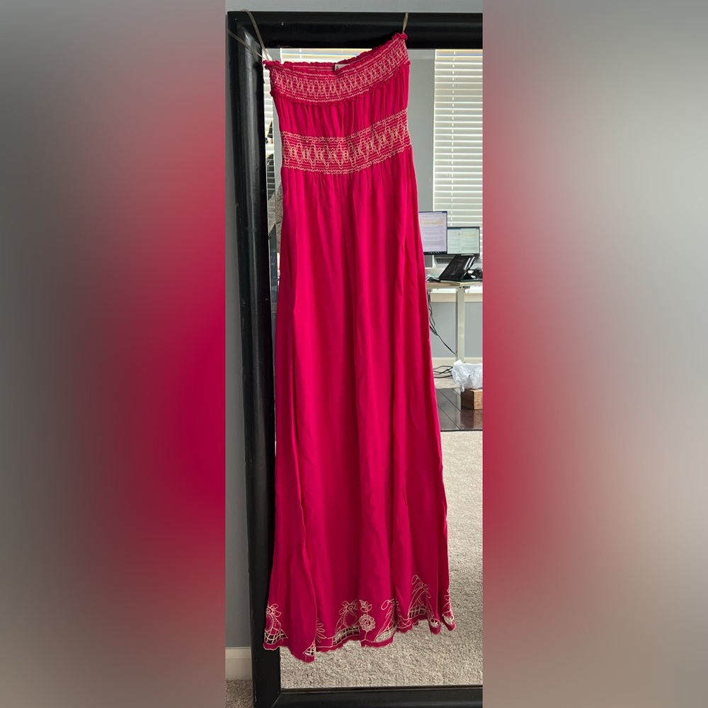 American rag hot pink strapless dress w/embroidery